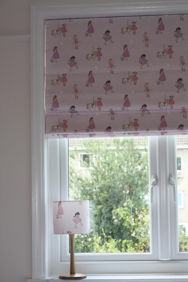 Blackout blind made in lovely BELLE & BOO fabric with a pretty lampshade to match.